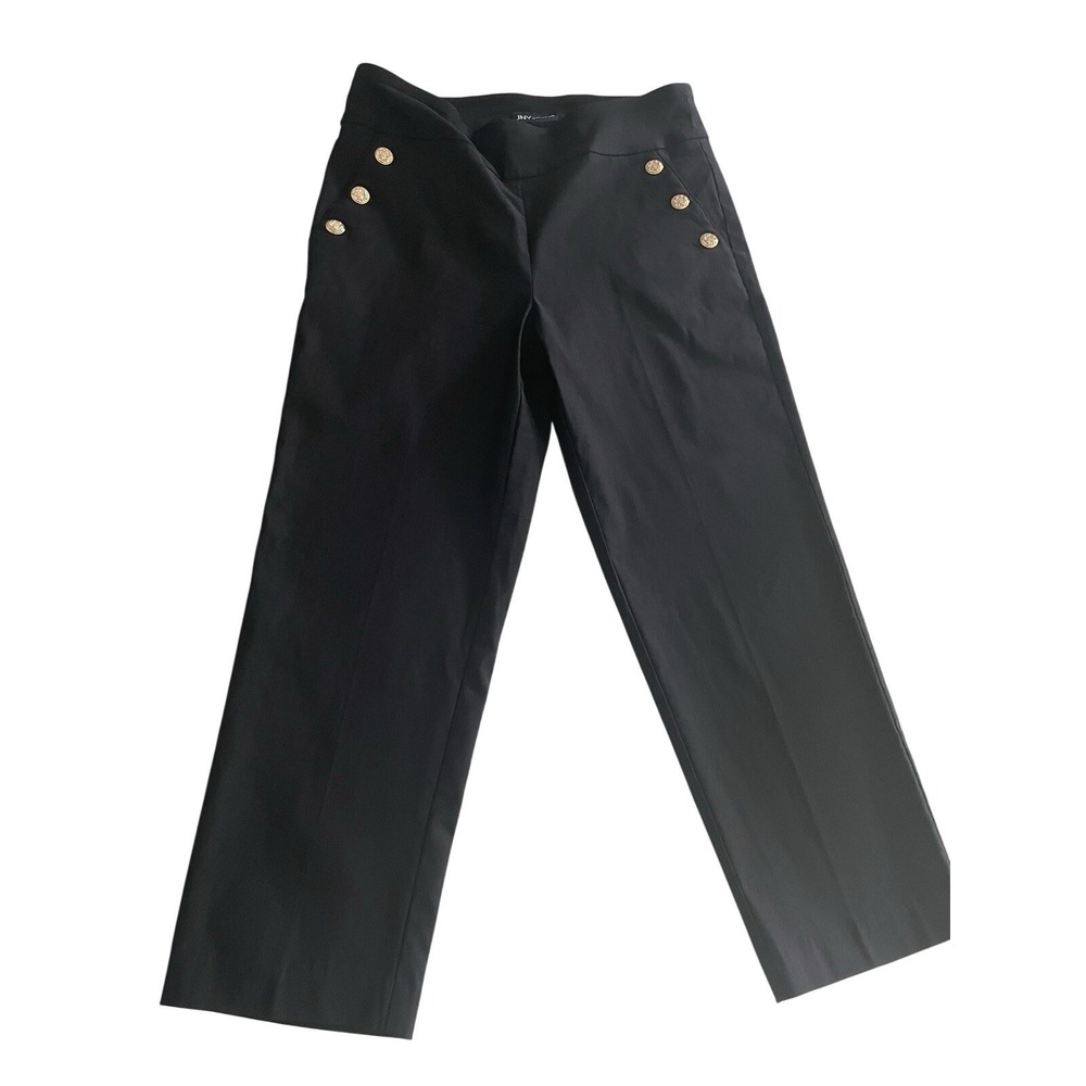 Jones New York JNY Black Sailor Trousers Gold Crest Button Straight Leg Pants M